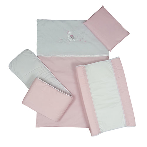 Cabbage Creek 5 Piece Baby Cot Linen Set - Pink Bear On The Moon