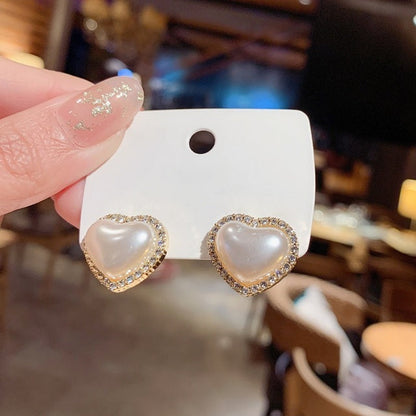 2026 New Korean Style Contracted Heart Pearl Earrings Zircon Geometric Stud Earring